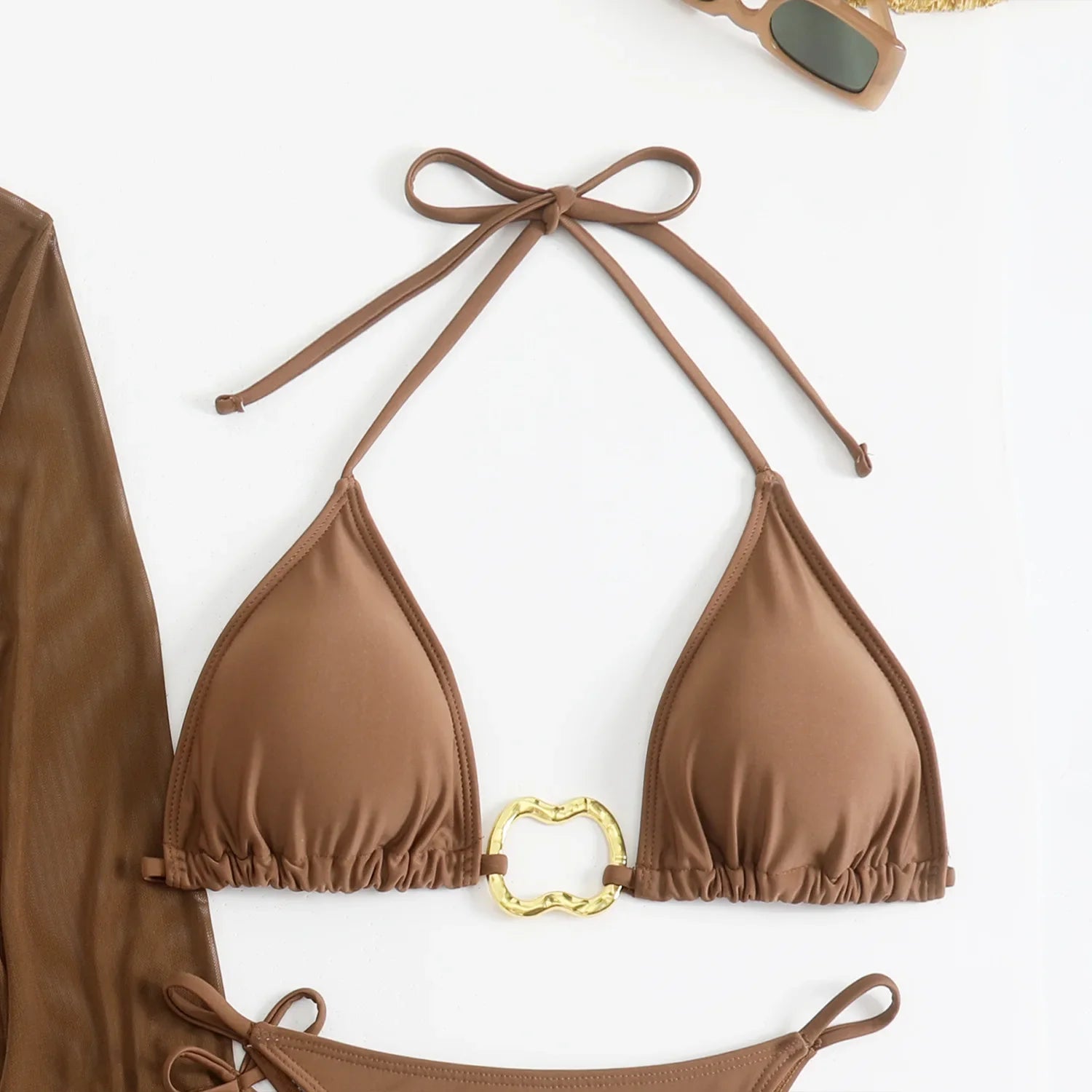 metal halter string bikini Sets 4 pieces with mesh cover tops and mini swimsuit bathing suit biquini
