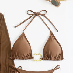 metal halter string bikini Sets 4 pieces with mesh cover tops and mini swimsuit bathing suit biquini