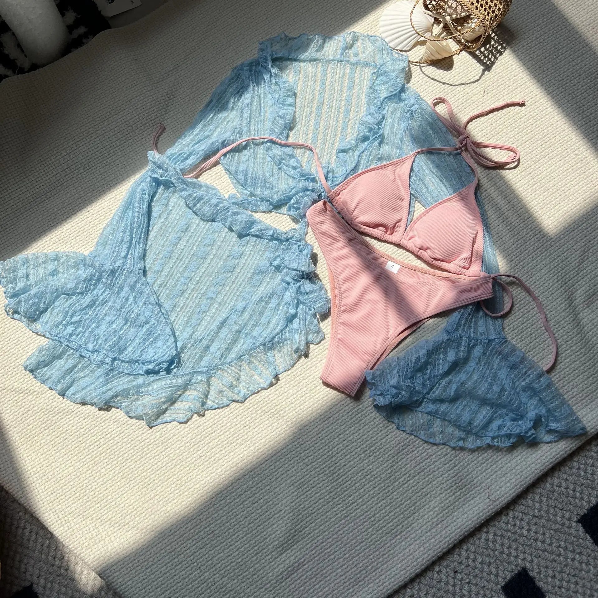 micro mini string bikini Sets 4 pieces with mesh cover ruffles tops and swimsuit bathing suit biquini