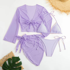 pink micro mini string bikini Sets 4 pieces with mesh cover tops and swimsuit bathing suit biquini