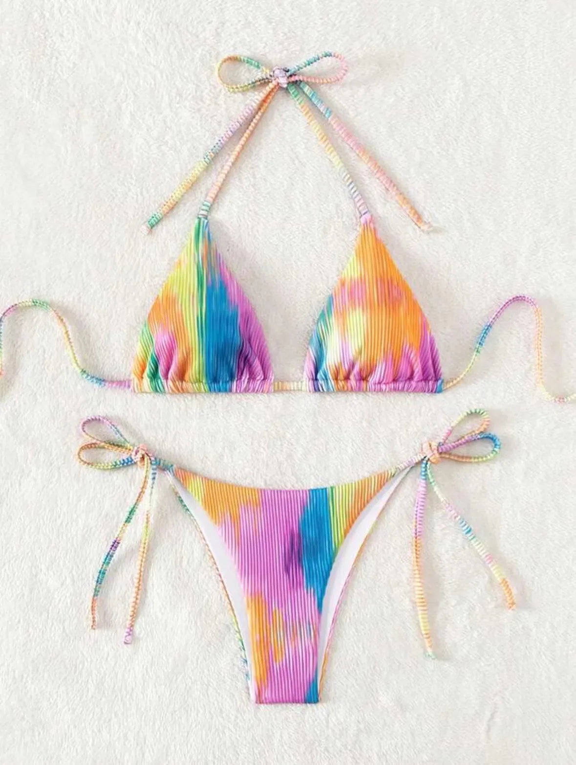 rainbow print micro bikini Sets two pieces tie halter thong Swimsuit bathing suit biquini