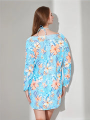 Sheer Cover Up Bikini Set 3-Piece Floral Print Swimsuit Blue Two Piece Bikini Sets Cover Top