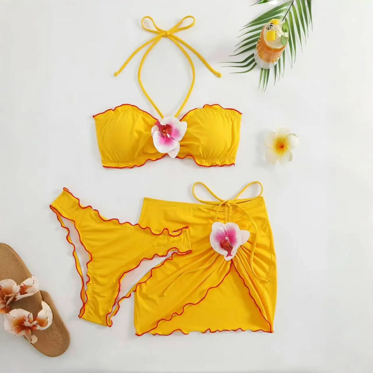 3 Piece Backless Halter Bikini Set Body Hugging Bottom with Print & Cover Up Floarl Boho Swimwears