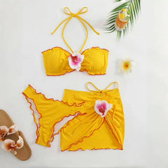 3 Piece Backless Halter Bikini Set Body Hugging Bottom with Print & Cover Up Floarl Boho Swimwears