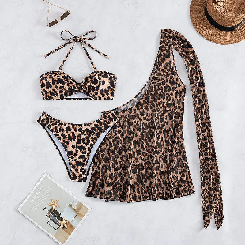 3-Piece Leopard Micro Bikini Set Halter Neck Swimwear One Shoulder Blouse Cover-Up Animal Printed Swimsuit