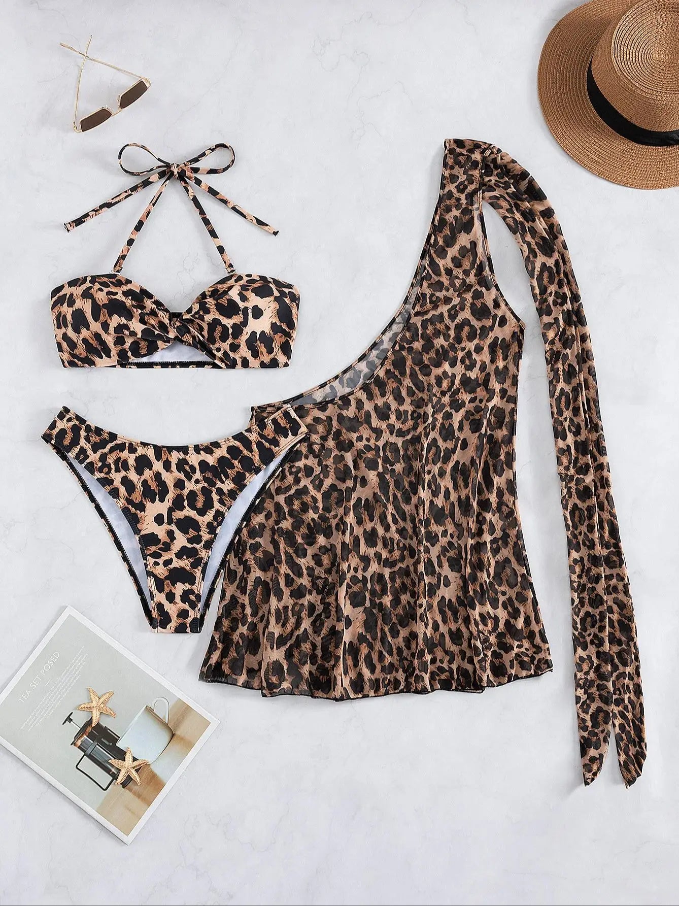 3-Piece Leopard Micro Bikini Set Halter Neck Swimwear One Shoulder Blouse Cover-Up Animal Printed Swimsuit