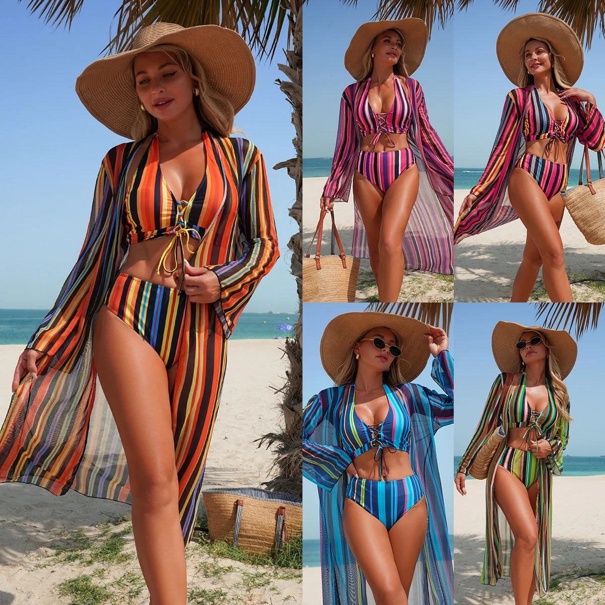 Fashion Striped Bikini Set 3 Piece Swimsuit with Sheer Cover Up & Bottom Cover Up Bikini Sets