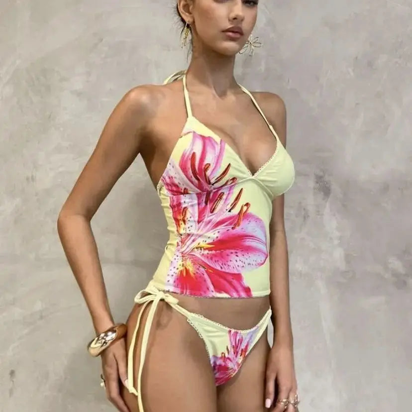 Floral Bikini Sets Printed Swimsuit with Adjustable Ties Triangle Top Two Piece Matching Setss