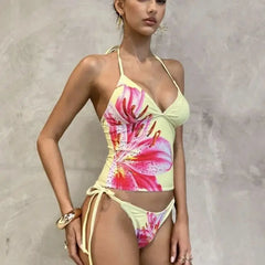 Floral Bikini Sets Printed Swimsuit with Adjustable Ties Triangle Top Two Piece Matching Setss