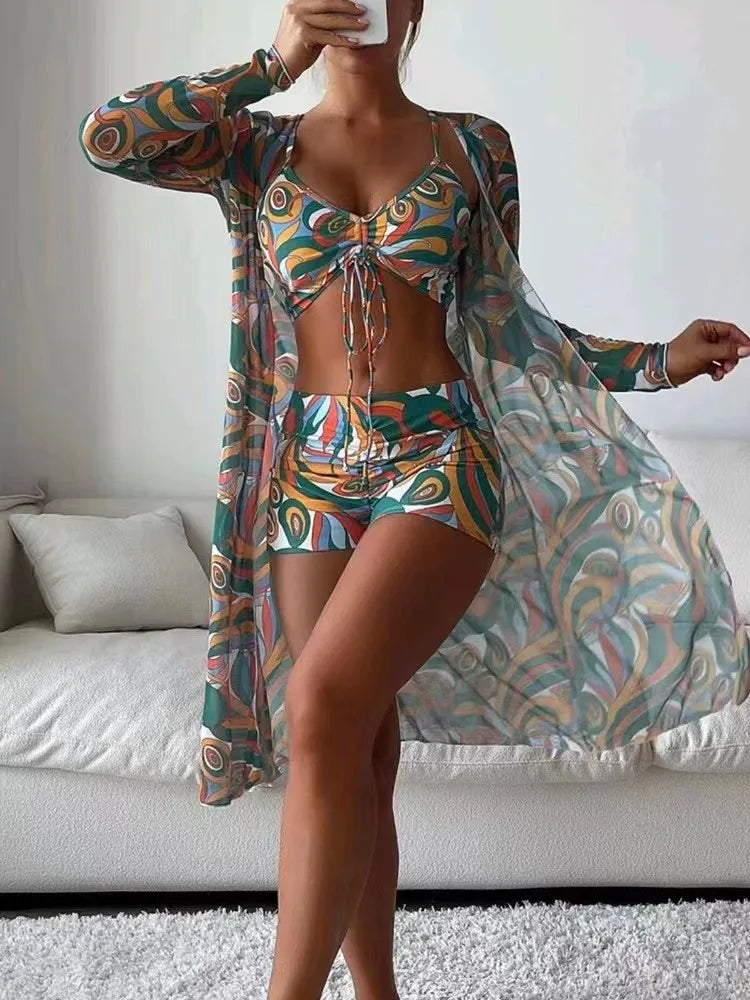 High Rise Swimsuit 3-Piece Floral Boho Lace Up Bikini Set Digital Print Cover-Up & Corset Swimwearwear