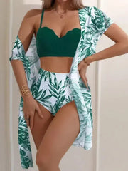 Maple Leaf Bikini Set Panties Two-Piece with Sheer Cover-Up Slimming Swimwear Swimsuit