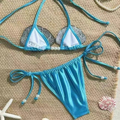 Mermaid Shell Bikini Seted Bottom & Top Elegant Swimwear Blue Suit