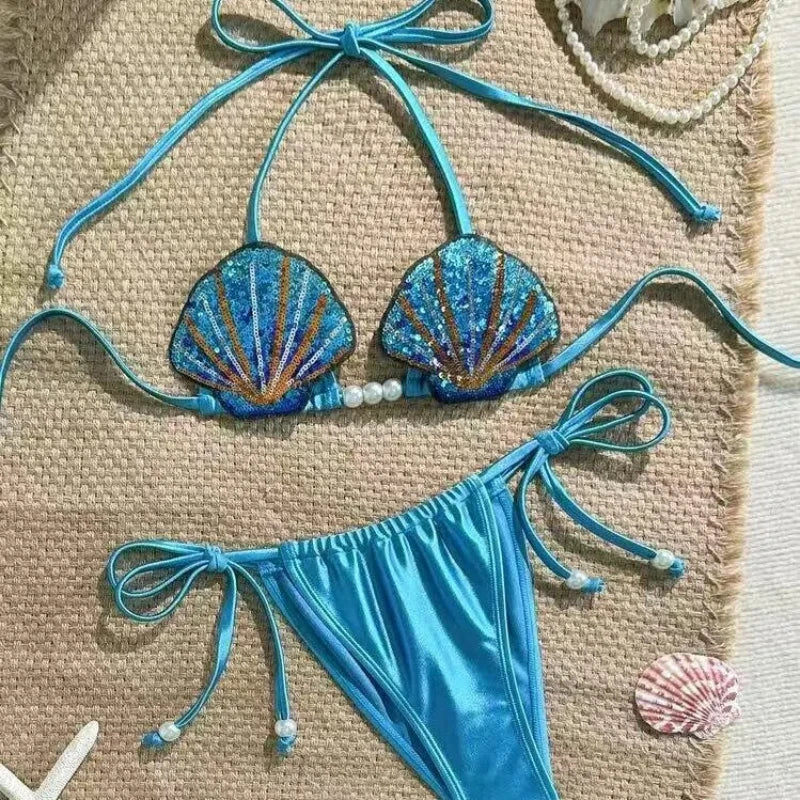 Mermaid Shell Bikini Seted Bottom & Top Elegant Swimwear Blue Suit