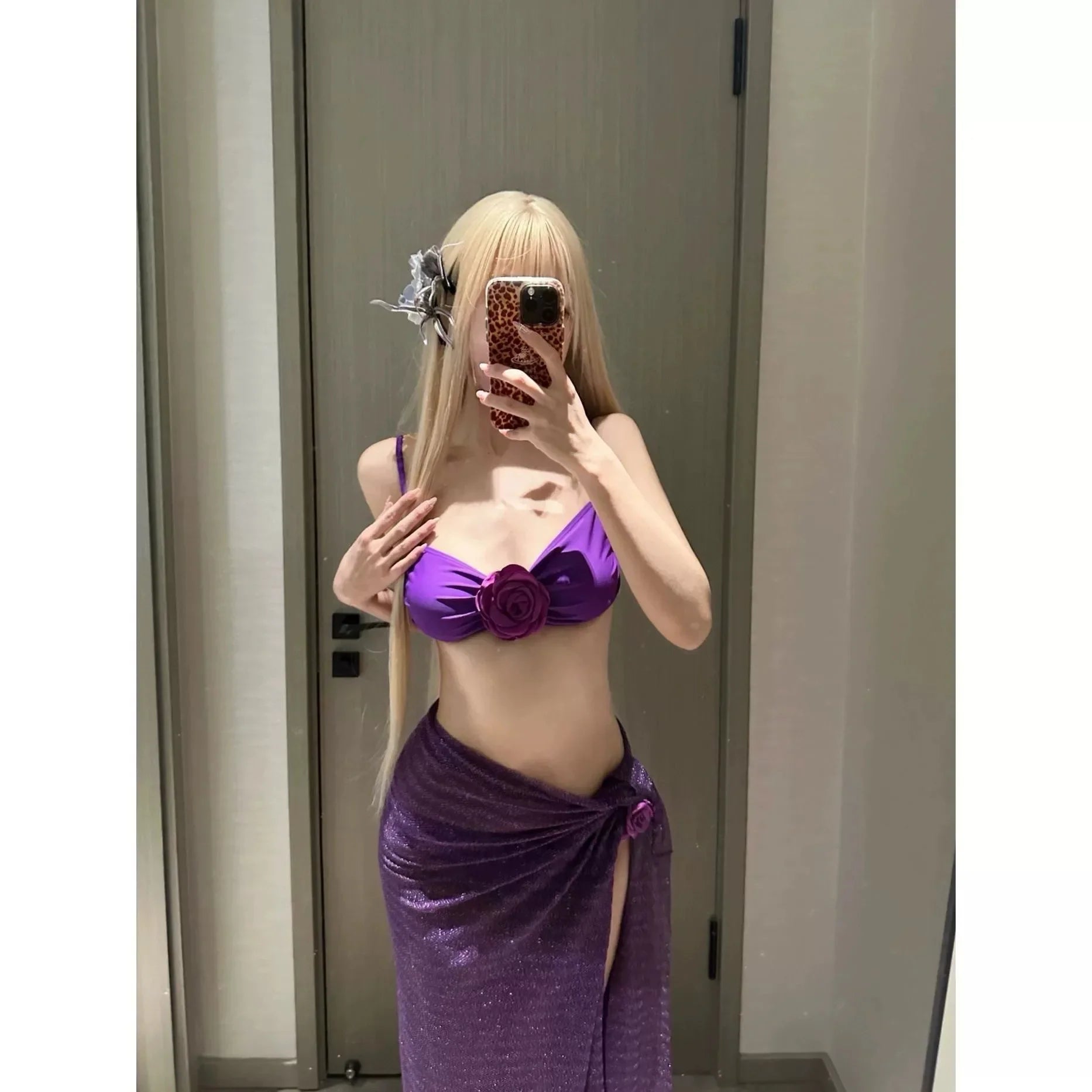 Purple Floral Bikini Set Two-Piece with Cover-Up & Tie Straps Slimming Swimwear High Split Dress