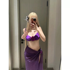 Purple Floral Bikini Set Two-Piece with Cover-Up & Tie Straps Slimming Swimwear High Split Dress