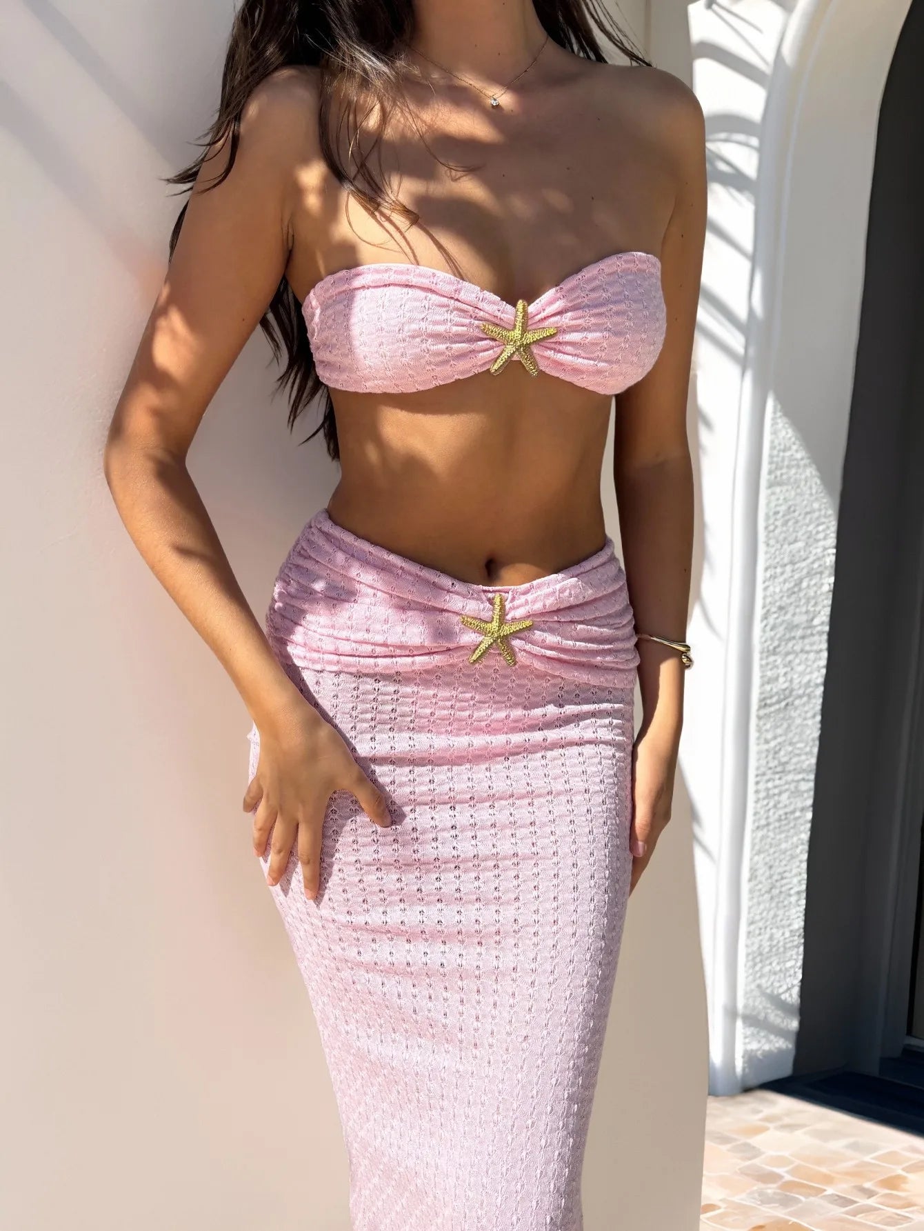 Resort Bandeau Bikini Set with Knot Detail & Starfish Accent Swimsuit Cover Up Three Piece Swim