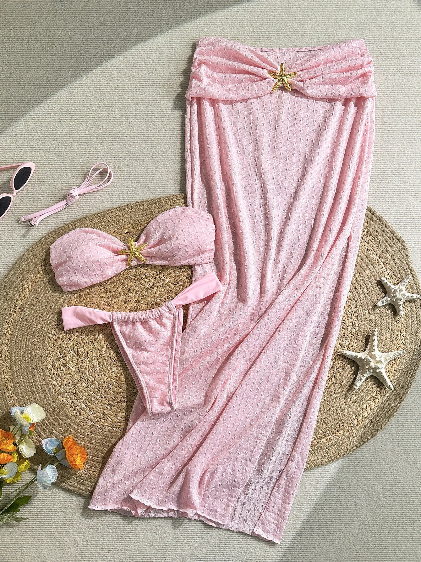 Resort Bandeau Bikini Set with Knot Detail & Starfish Accent Swimsuit Cover Up Three Piece Swim