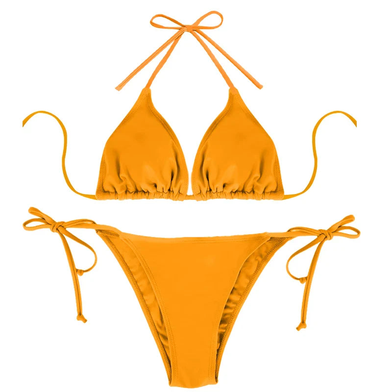Bikini Set Style Solid Color Hanging Neck Exposed Back Lace Up Bikini Swimsuit Suit