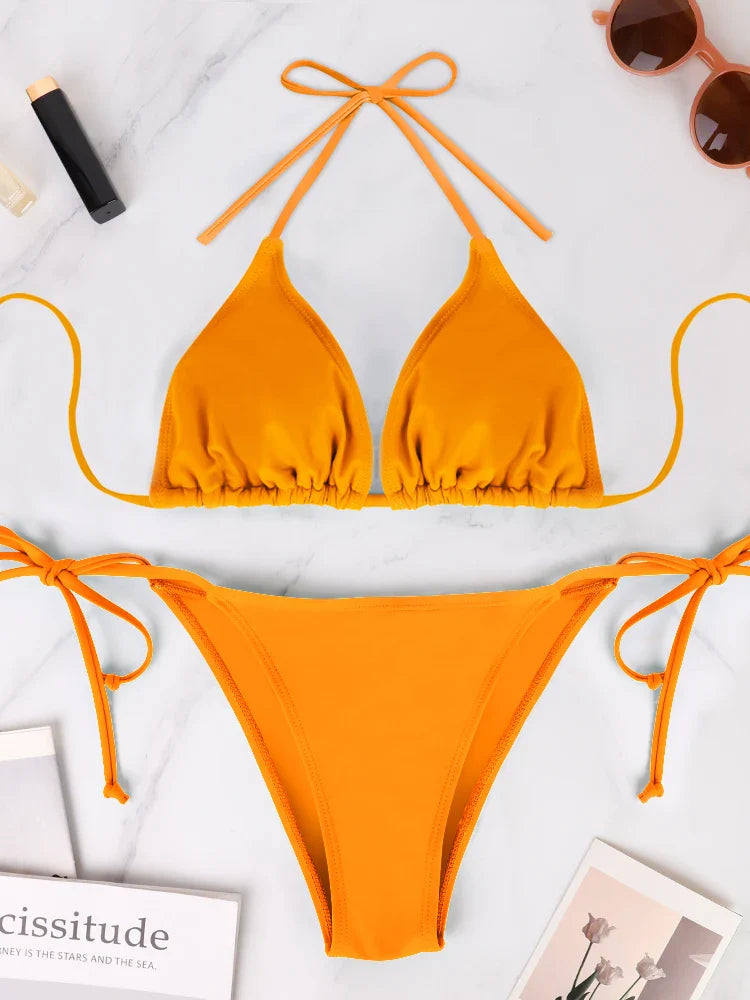 Bikini Set Style Solid Color Hanging Neck Exposed Back Lace Up Bikini Swimsuit Suit