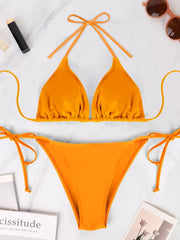 Bikini Set Style Solid Color Hanging Neck Exposed Back Lace Up Bikini Swimsuit Suit