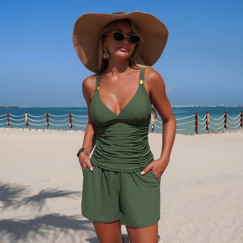 Swimwear with Pockets Tankini Set for Phone & Keys Full Coverage & Quick Dry Solid Sling Two Piece