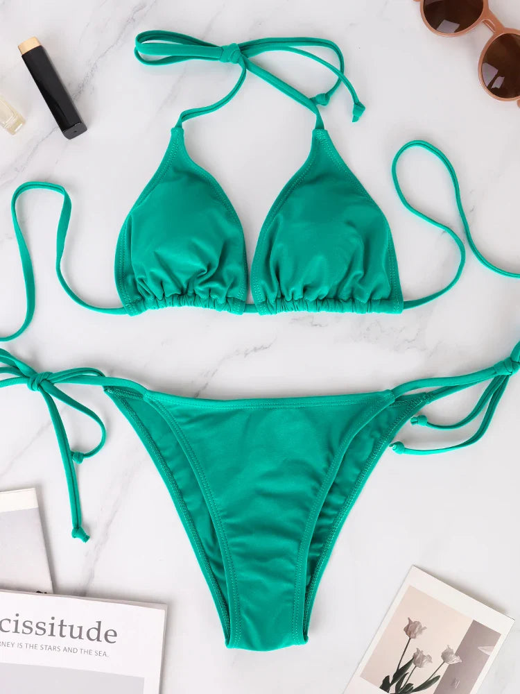 Thong Bikini Two-Piece Set Style Lace-up Lady's Swimwear Triangular Bandage Adjustable Strap Thong Bikini