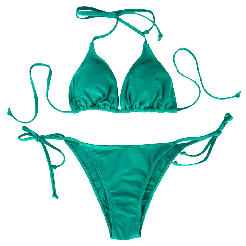 Thong Bikini Two-Piece Set Style Lace-up Lady's Swimwear Triangular Bandage Adjustable Strap Thong Bikini