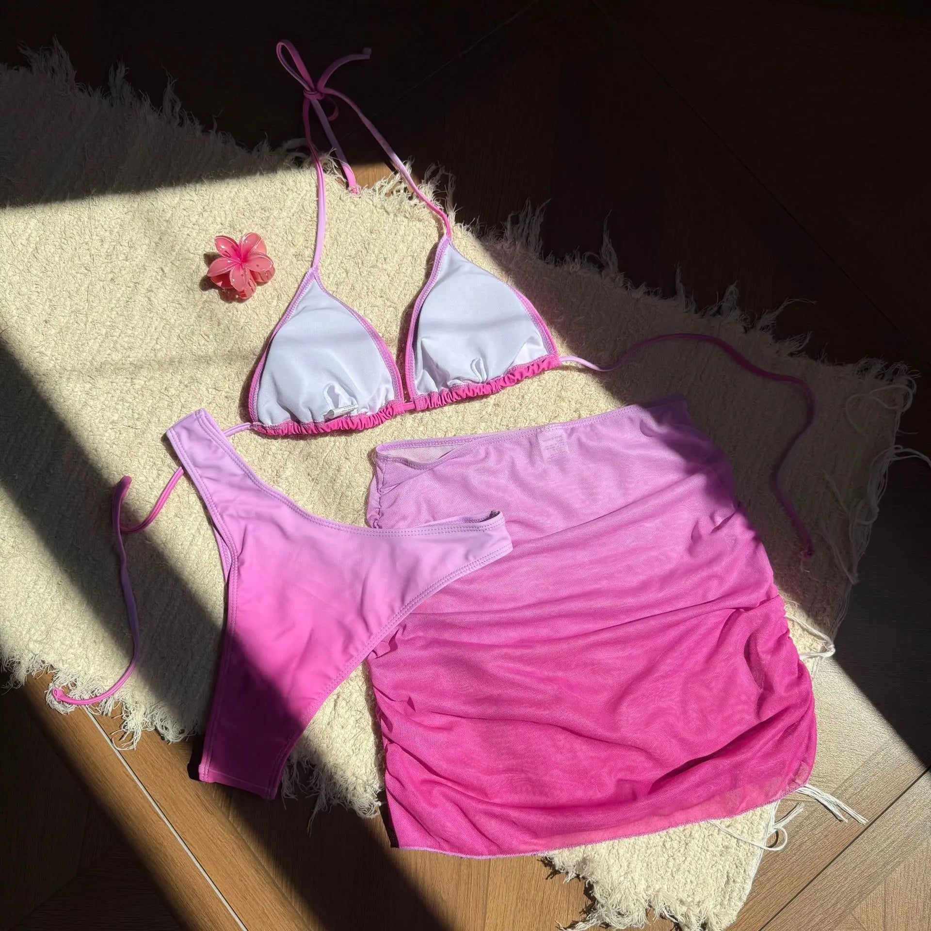 tie dye print bikinis Sets 3pcs with mesh wrinkled perspective mini swimsuit bathing suit biquini