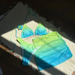 tie dye print bikinis Sets 3pcs with mesh wrinkled perspective mini swimsuit bathing suit biquini