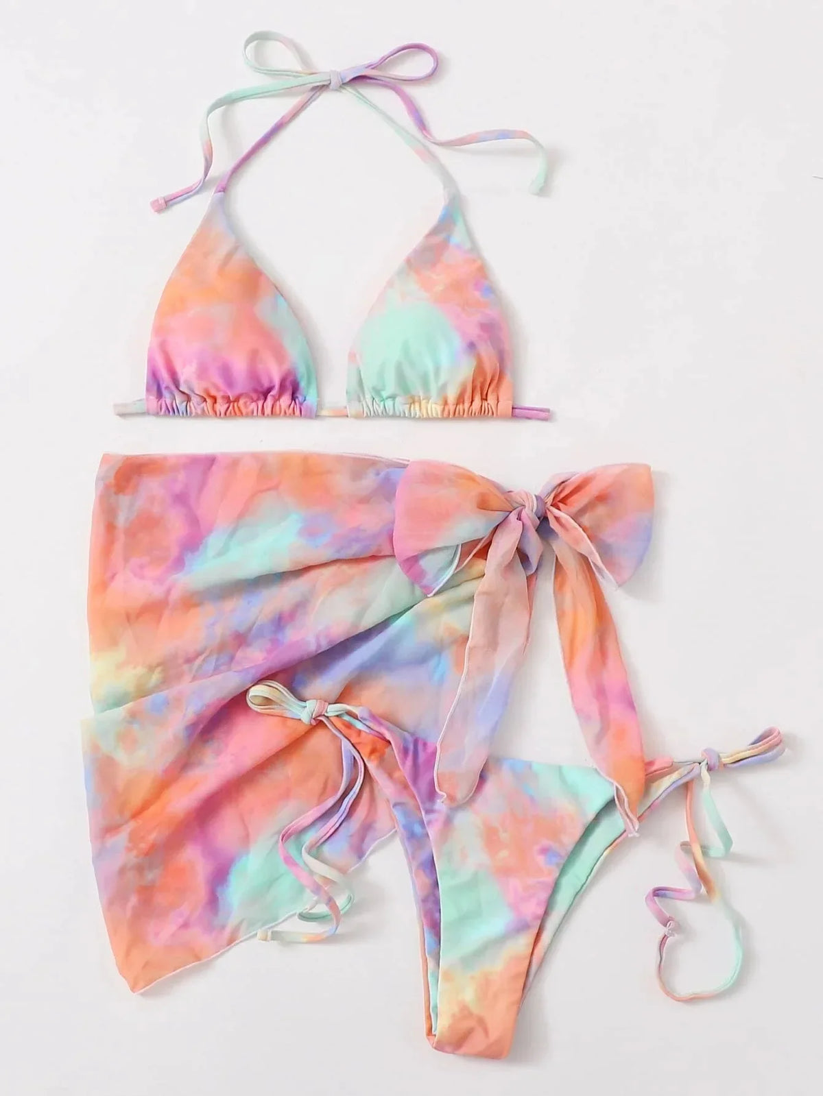 tie dye print micro mini string bikini Sets three pieces with mesh bow tie swimsuit bathing suit