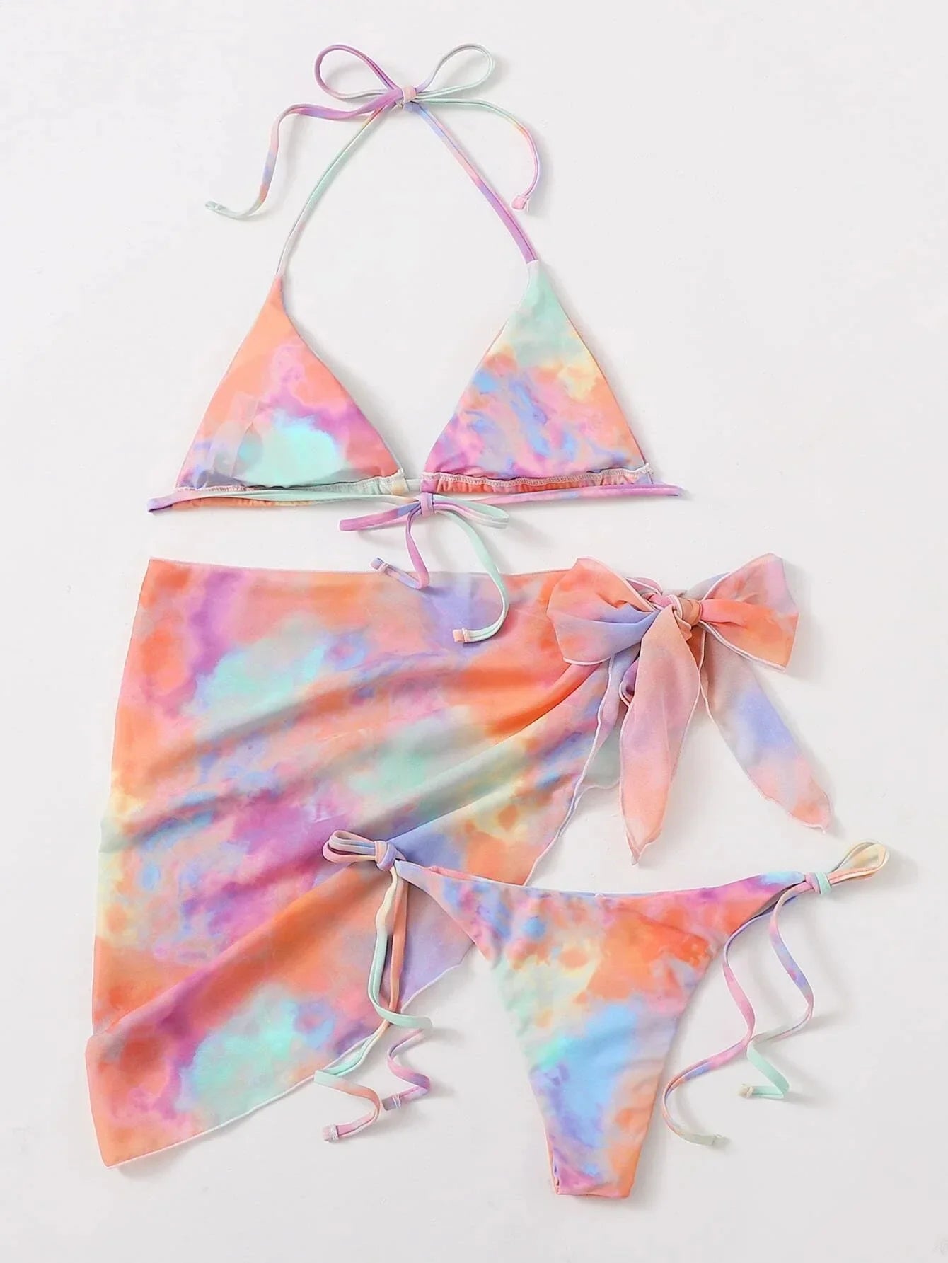 tie dye print micro mini string bikini Sets three pieces with mesh bow tie swimsuit bathing suit