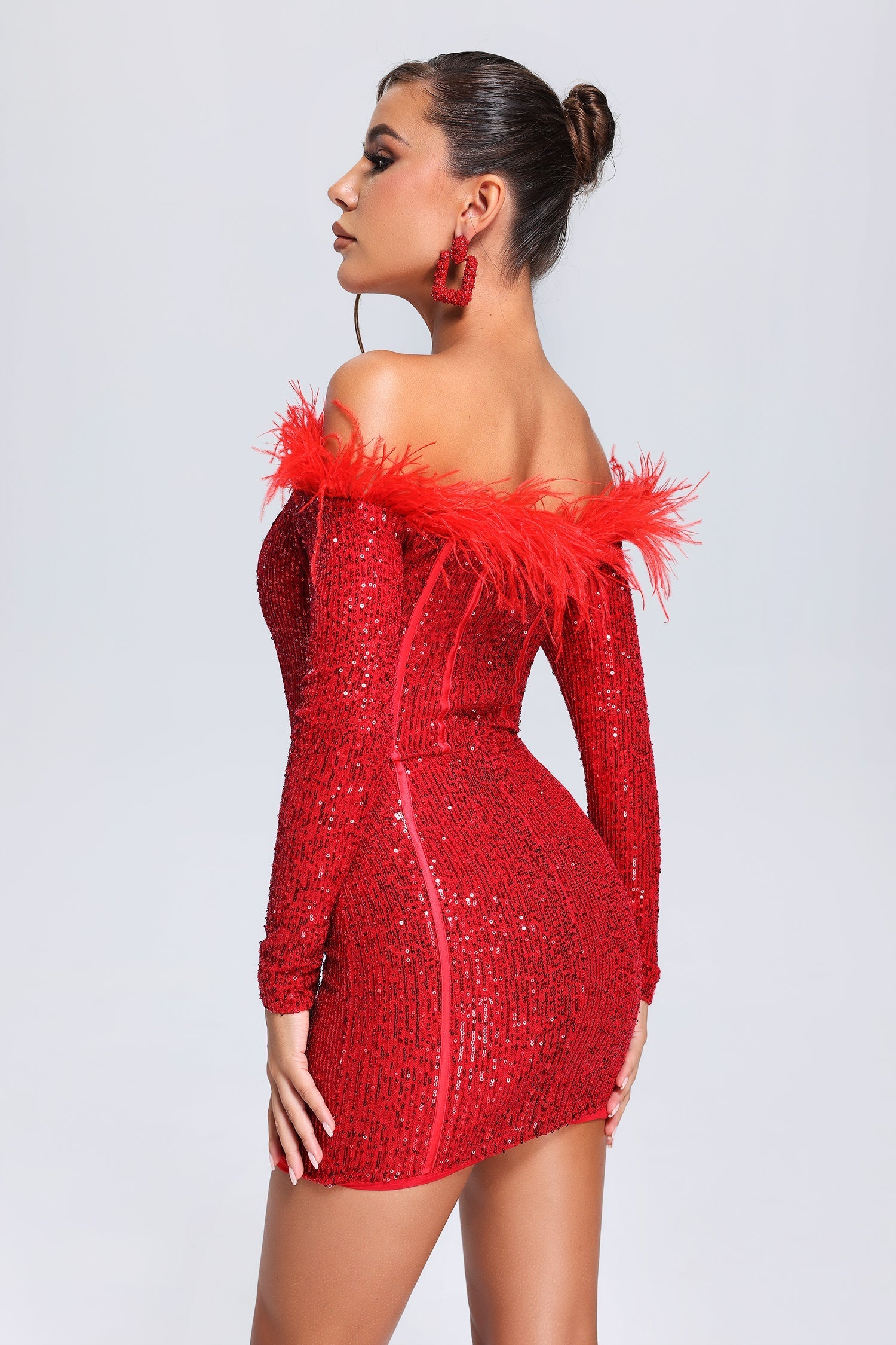 Feather Sequin Mini Dress - Red