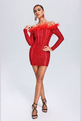 Feather Sequin Mini Dress - Red