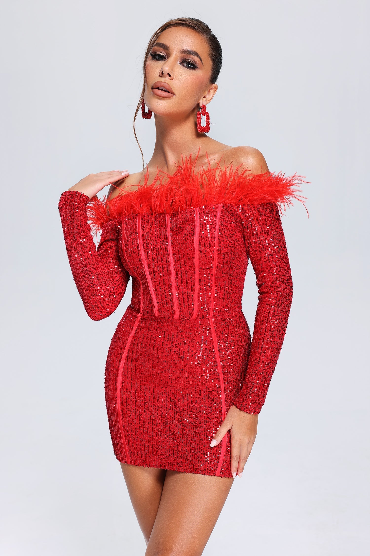 Feather Sequin Mini Dress - Red
