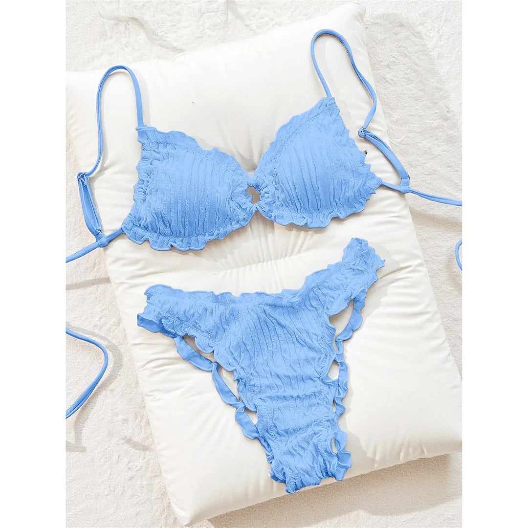 Wrinkled Crinkled Frilled Bikini Two-pieces Bikini Set
