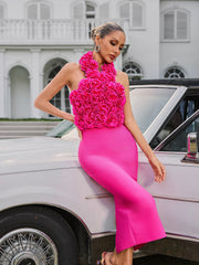 Halterneck Flower Bandage Midi Dress In Hot Pink