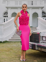 Halterneck Flower Bandage Midi Dress In Hot Pink