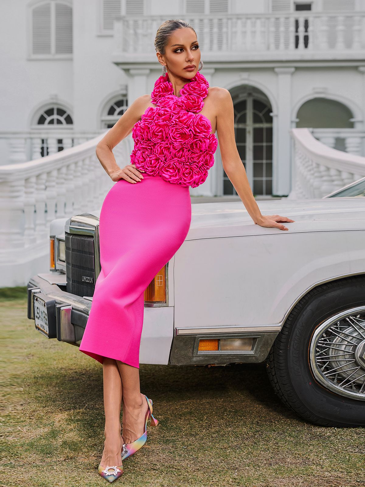 Halterneck Flower Bandage Midi Dress In Hot Pink