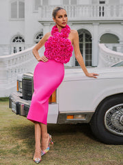 Halterneck Flower Bandage Midi Dress In Hot Pink