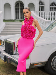 Halterneck Flower Bandage Midi Dress In Hot Pink