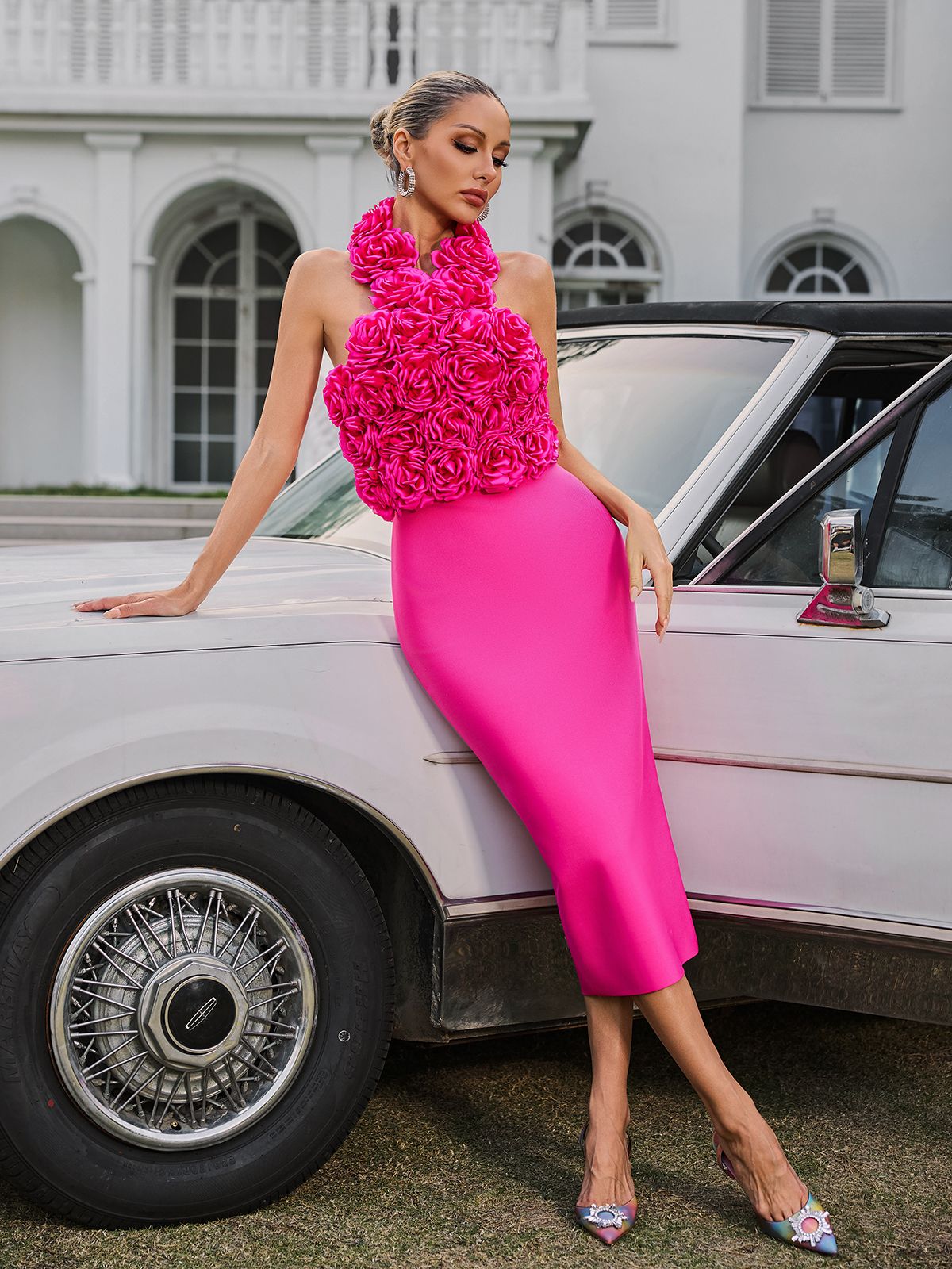 Halterneck Flower Bandage Midi Dress In Hot Pink