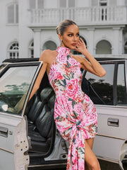 Halterneck Floral Twisted Mini Dress