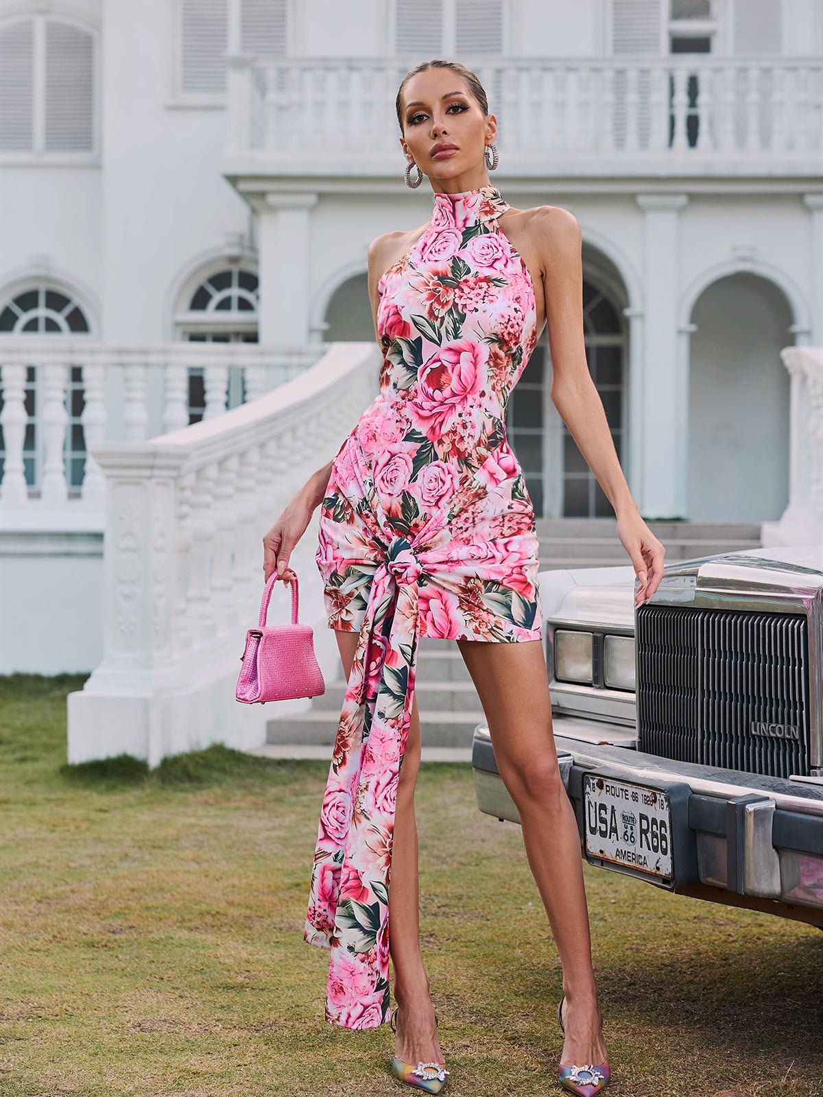 Halterneck Floral Twisted Mini Dress
