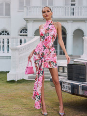 Halterneck Floral Twisted Mini Dress