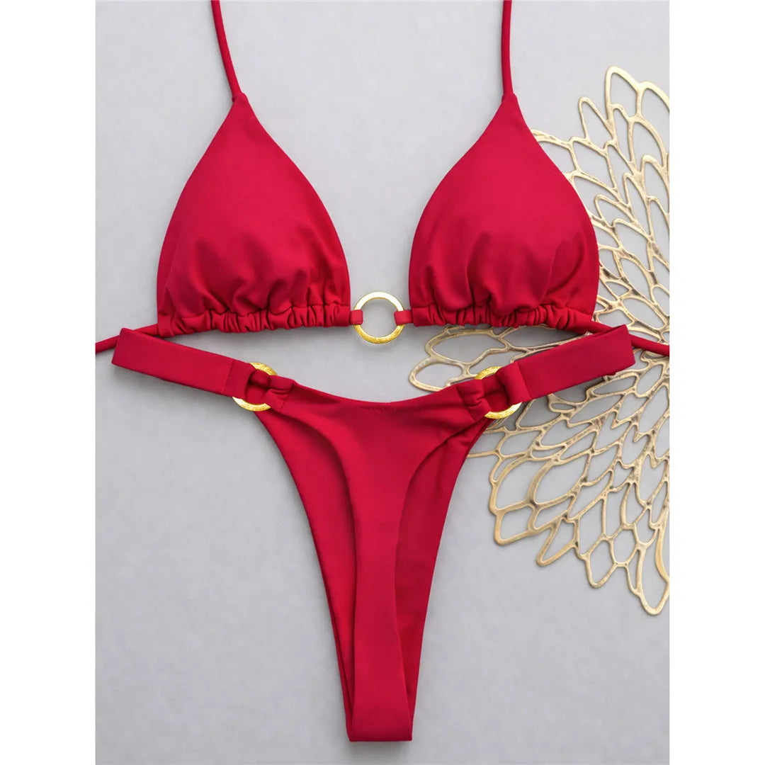 XS - L Halter Metal Ring Mini Thong Bikini Two-pieces Bikini Set
