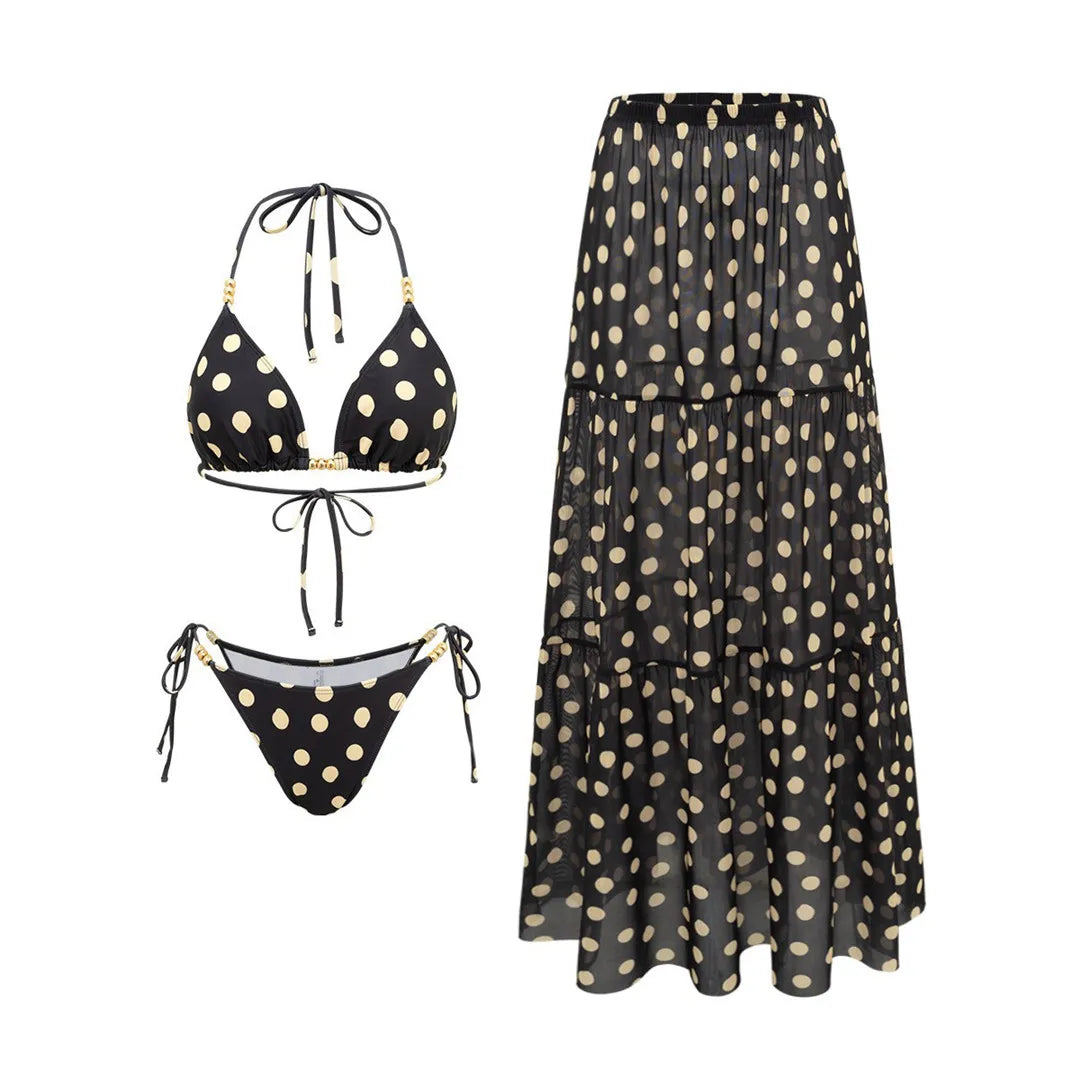 XS - L Polka Dot With Halter Bikini Three-pieces Bikini Set