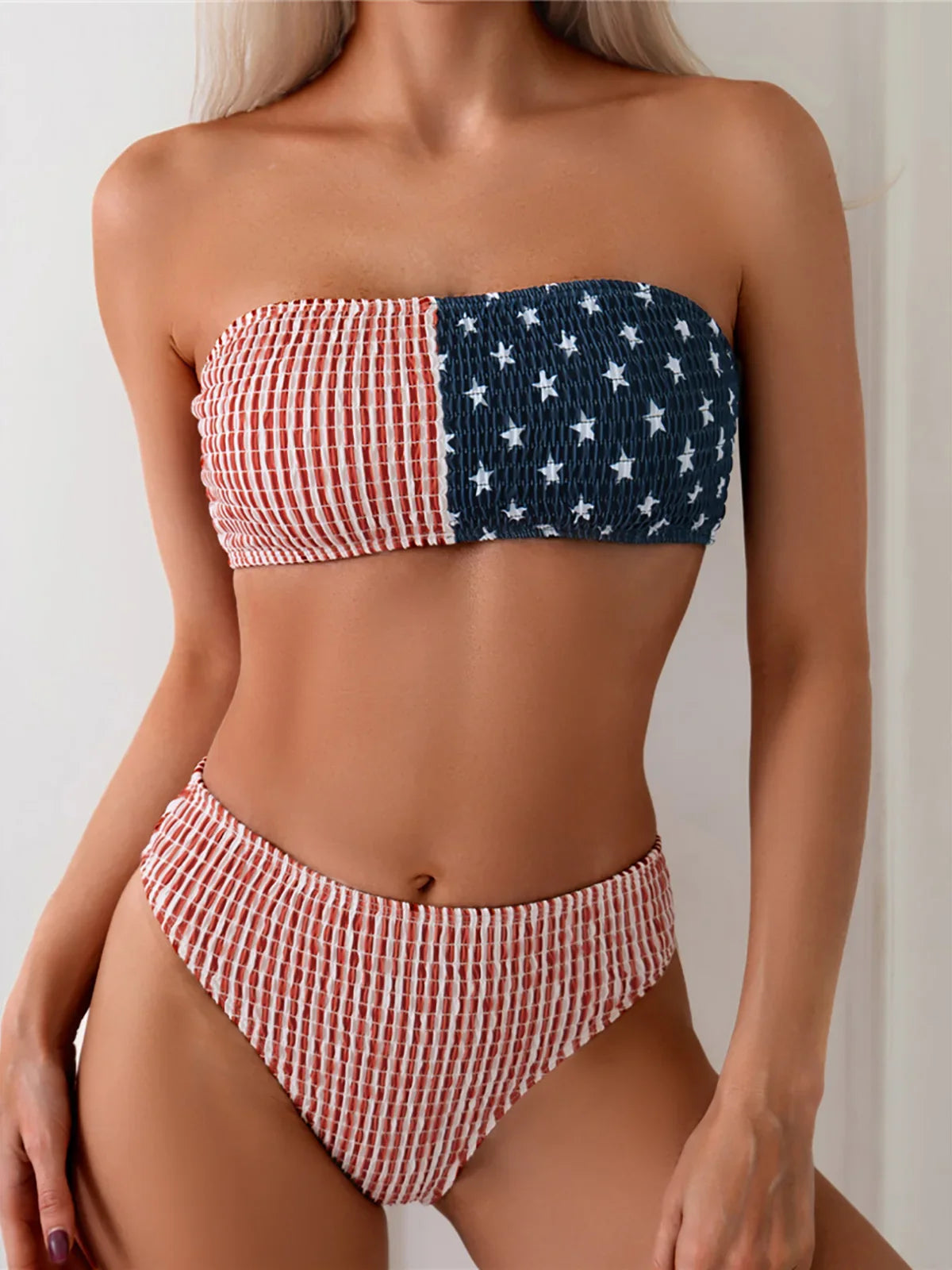 XS - L Printed Splicing Bandeau Bikini Two-pieces Bikini Set Suit
