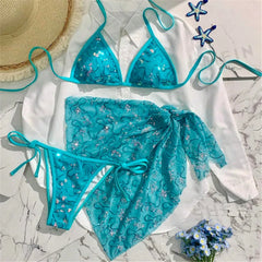 XS - L With Sarong Sequins Halter Bikini Three-pieces Bikini Set