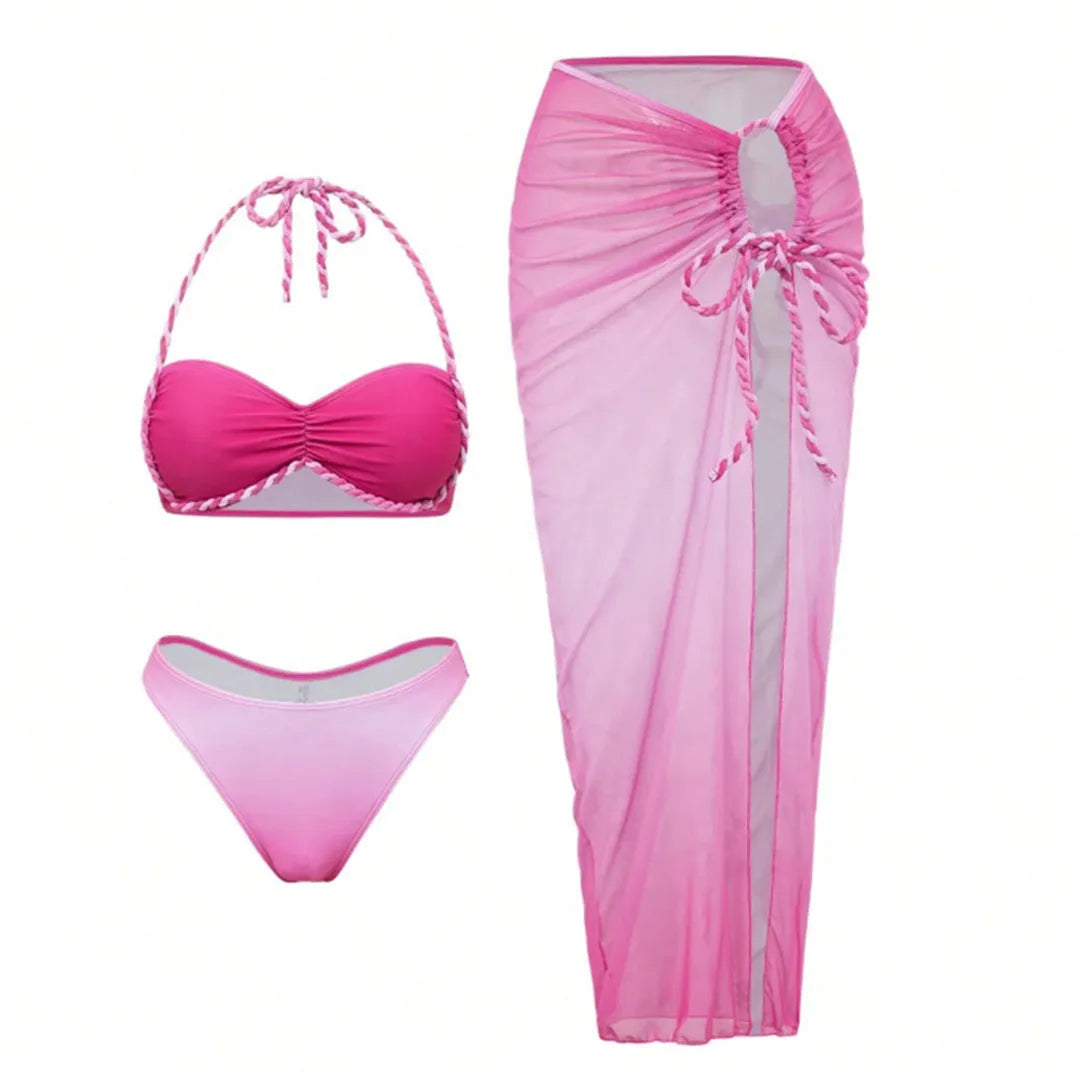 XS - L With Wrinkled Halter Bikini Three-pieces Bikini Set