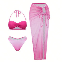 XS - L With Wrinkled Halter Bikini Three-pieces Bikini Set